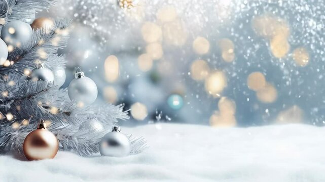 Christmas background with baubles and fir tree on snow with bokeh
