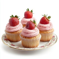 Strawberry cupcakes on a plate, isolated with a white background, elegant and appealing.