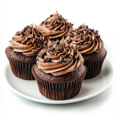 Chocolate cupcakes on a plate, isolated with a white background, elegant and appetizing presentation.