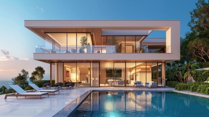 Fototapeta premium Modern Luxury Oceanfront Villa with Infinity Pool and Scenic Coastal Views