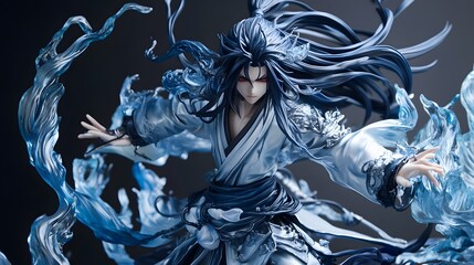 Highly detailed anime figure in battle stance with flowing hair and adjustable arms