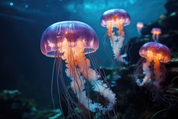 Bioluminescent jellyfish in deep ocean water