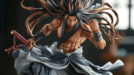 Highly detailed anime figure in battle stance with flowing hair and adjustable arms