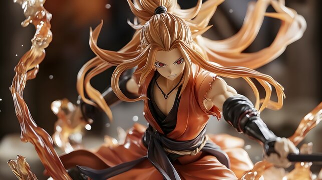 Highly detailed anime figure in battle stance with flowing hair and adjustable arms