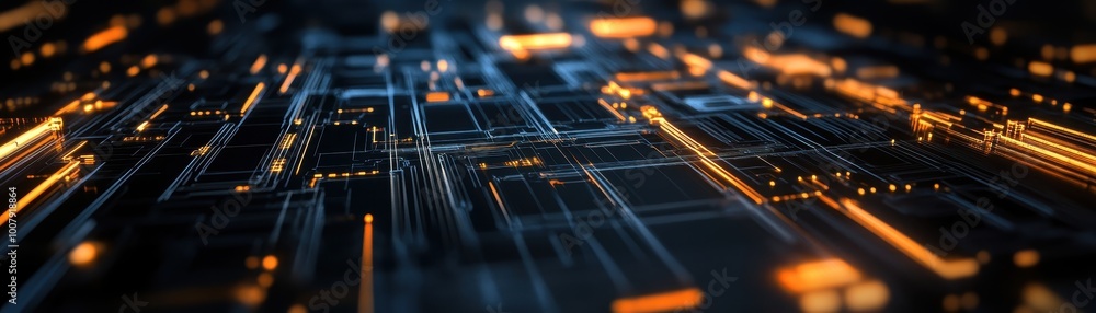 Poster abstract futuristic circuit board with glowing orange lines