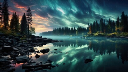 Obraz premium Night sky over forest lake