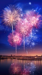 Fototapeta premium Colorful fireworks display over city skyline at night