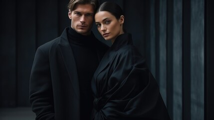 Fototapeta premium Elegant Couple in Dramatic Fashion Poses With Dark Pleated Backdrop