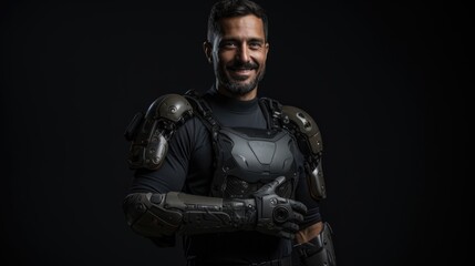 Modern Man in Futuristic Robotic Arm Armor Black Background Studio Portrait