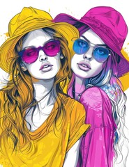 Two fashionable girls in beach hats