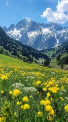 Fototapeta premium Yellow Wildflower Meadow with Snow-Capped Mountains