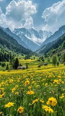 Fototapeta premium A scenic alpine meadow covered in yellow wildflowers, set against towering, snow-capped mountains under a clear blue sky.