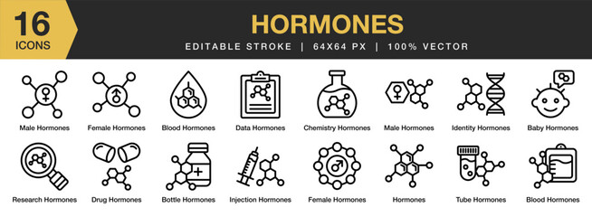 Hormones icon set. Editable Stroke Icon Collection. Includes baby, blood, bottle, chemistry, data, drug, and More. Outline icons vector collection.