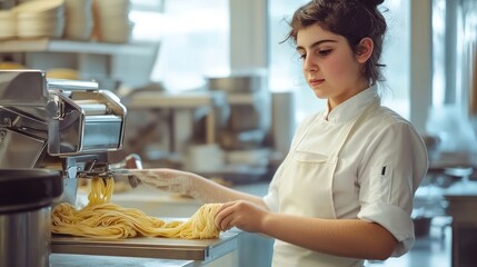 A young woman chef in a white uniform uses a pasta maker to make fresh pasta.