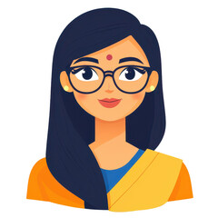 A vibrant illustration of an Indian woman in glasses, adorned with traditional accessories and a colorful sari, perfect for avatars.