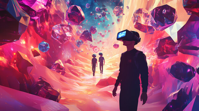 a digital landscape with virtual reality avatars exploring a colorful, immersive world filled with geometric shapes. Virtual Reality World. Illustration