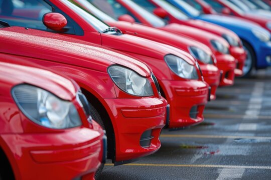 Row of red cars parked in parking lot