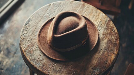 Capture a realistic image of a stylish hat displayed on a rustic wooden table, showcasing its unique design and texture, with natural light highlighting its features against a softly blurred