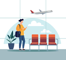 Young man in airport terminal waiting for flight flat vector illustration