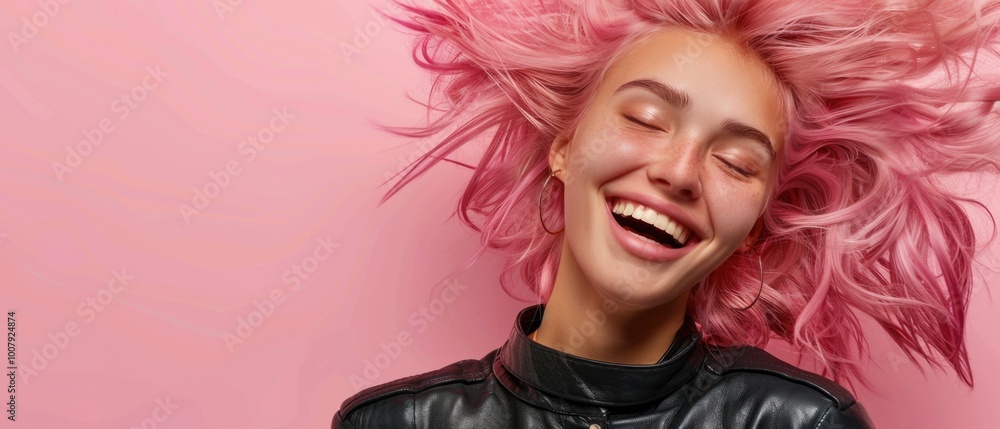 Wall mural woman with pink hair smiling and throwing her head back