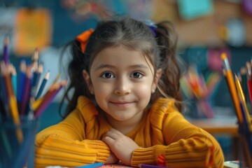 Portrait of a little girl sitting at school at a table next to colored pencils