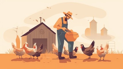 A man in a straw hat is feeding chickens in a field