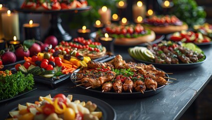 Festive dinner party food spread with skewered chicken and pizza