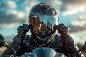 Motorcycle rider wearing helmet and gloves at sunset