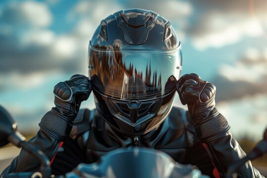 Motorcycle rider wearing helmet and gloves at sunset