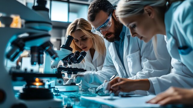 Scientists Working in a Laboratory with a Microscope