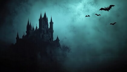 A Silhouetted Castle with Bats Flying in a Foggy, Dark Sky