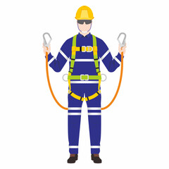 Man of worker wearing full body safety harness. Show double connecting device or lanyard and hook. Fall protection and gear for work at height.