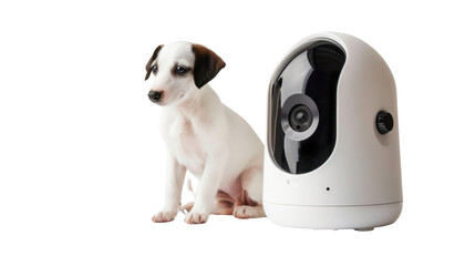 Automatic pet feeder with camera on white background 