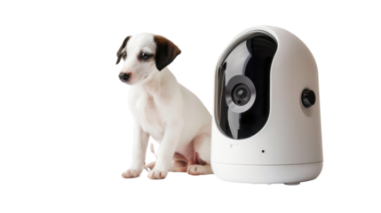 Automatic pet feeder with camera on white background 