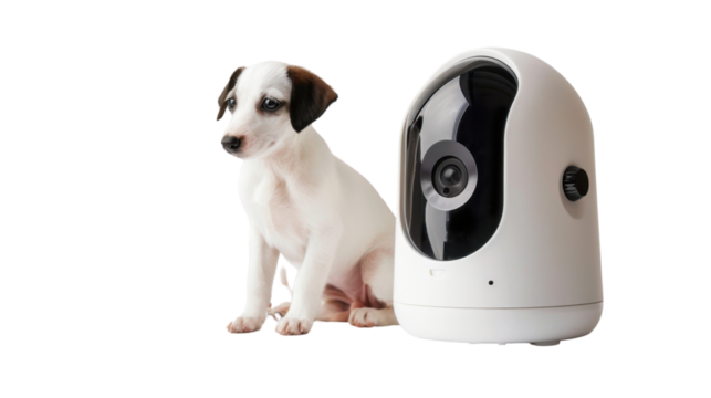 Automatic pet feeder with camera on white background 