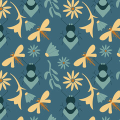 Vector Insects and floral pattern for fabric. decorative seamless flower background