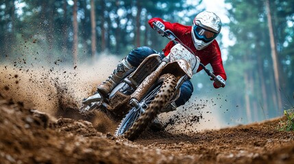 A dirt biker rides through a muddy forest trail at high speed. Mud splashes in all directions. The rider is in a white helmet, red jersey and black pants.
