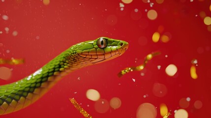 Fototapeta premium Beautiful snake on a red background. Exotic reptile. Symbol of the New Year. Design of cards and invitations for the Christmas holidays.