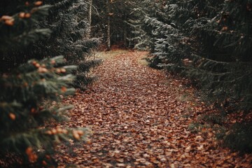 Fototapeta premium A Path Through an Autumn Forest, Covered in Fallen Leaves