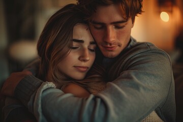 A man and woman hugging in a dark room