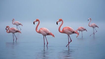 Obraz premium This ethereal image captures a peaceful moment as a group of pink flamingos wades through mist-covered waters in the early morning light.
