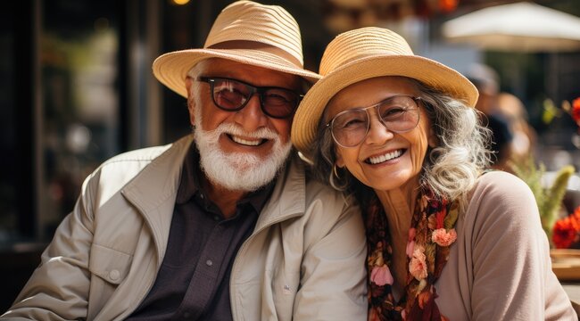 Cute elderly smiling people walking outdoors. Cheerful married couple. The theme of positive acceptance of old age.
