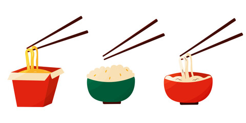 Set of Chinese dishes in plates and cardboard food boxes with rice and noodles with wooden chopsticks. A quick and tasty meal. Breakfast, lunch and dinner at home and in a cafe. Asian culture. Collect