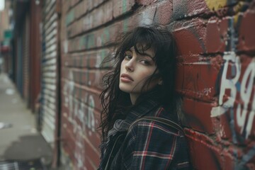 Naklejka premium Woman leaning against brick wall