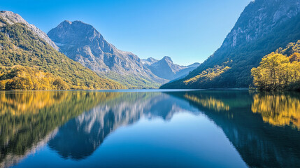 Obraz premium Captivating mountain lake landscape perfect for National Hiking Day celebration in autumn