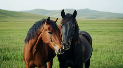 Obraz premium A Brown and Black Horse Nuzzling in a Lush Green Field