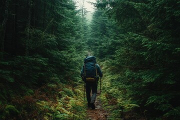 Obraz premium A lone hiker with a backpack walks through a dense, green forest.