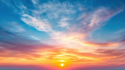 Obraz premium Experience a stunning panoramic sunrise sky, where vibrant clouds create a breathtaking canvas of colors. Natures masterpiece awaits