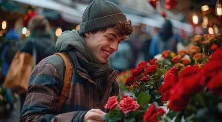 Young man standing next to bunch of red roses
