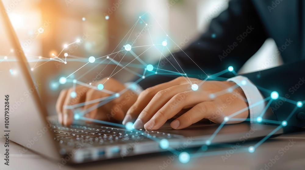 Poster a professional reviews data on a laptop, surrounded by digital graphs and connections that highlight